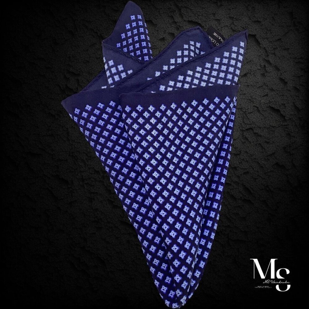 PRONTO UOMO Blue Geometric Pocket Square Silk Hand Rolled 13.5"- 14.5" EX COND